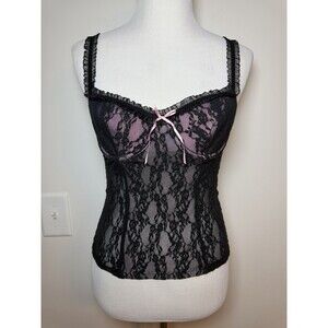 Victoria’s Secret Vintage Y2K Sydney Carlson Bustier Black Lace Pink Bow Medium